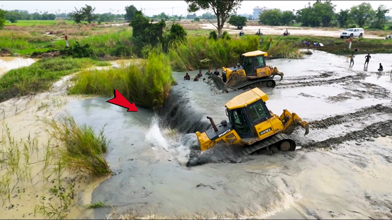 Extremely Construction Unexpected Land Filling Up Process Bulldozer Strongly Clearing Dirt, 12 Wheel