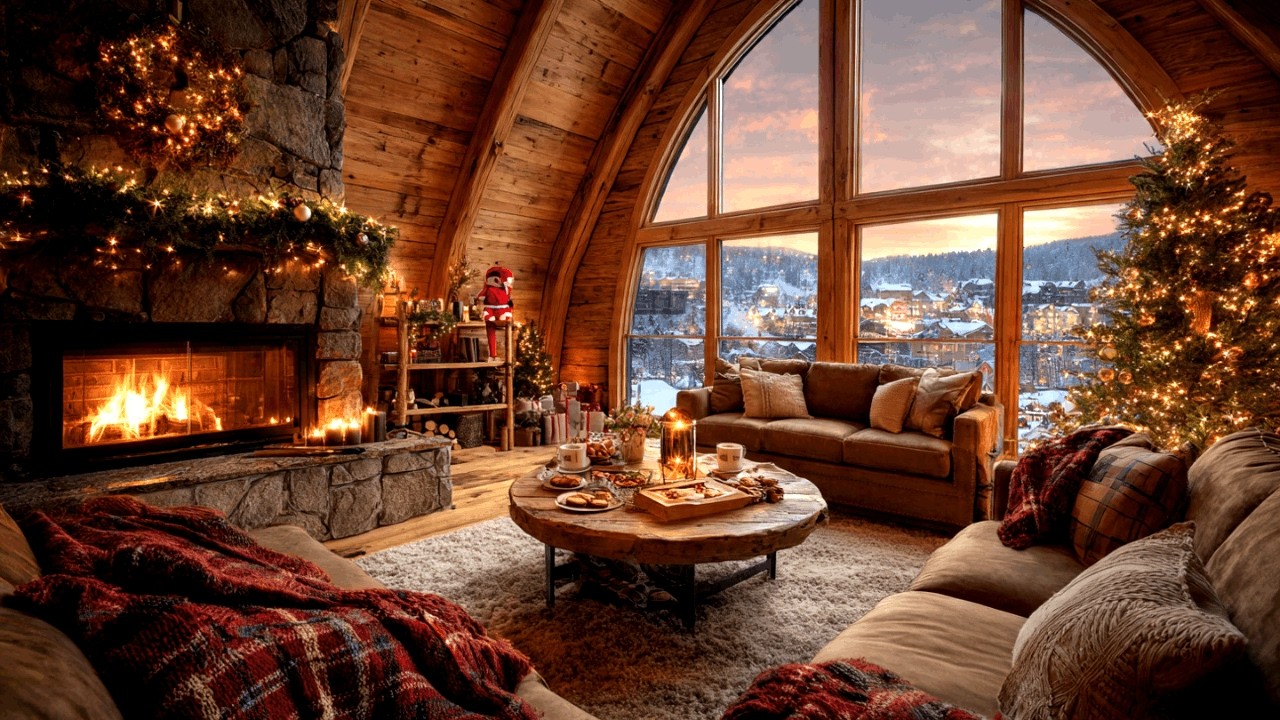 Cozy Snow Cabin Fireplace with Feel Good Jazz Instrumental