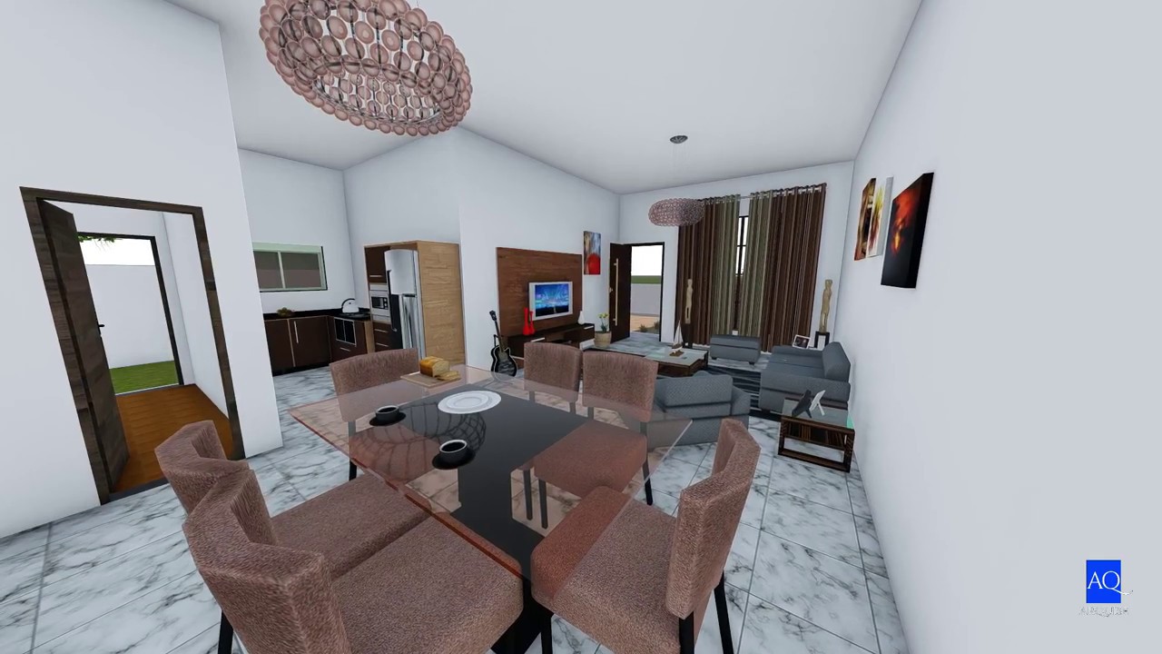 Planta 3D de casa com 2 quartos, su&iacute;te e cozinha americana!