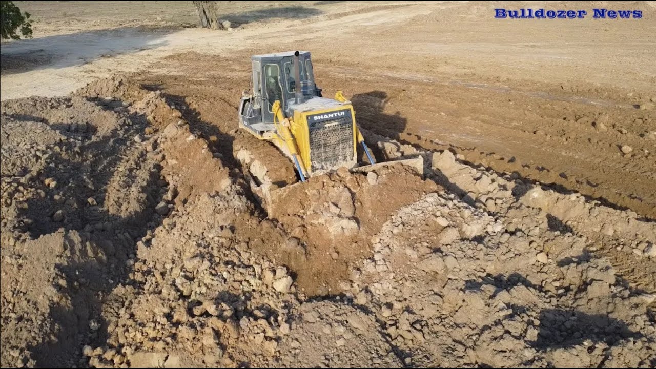 Amazing SHANTUI SD22 Bulldozer Trying Spreading Dirt Filling Up And Dump Truck Unloading Soil