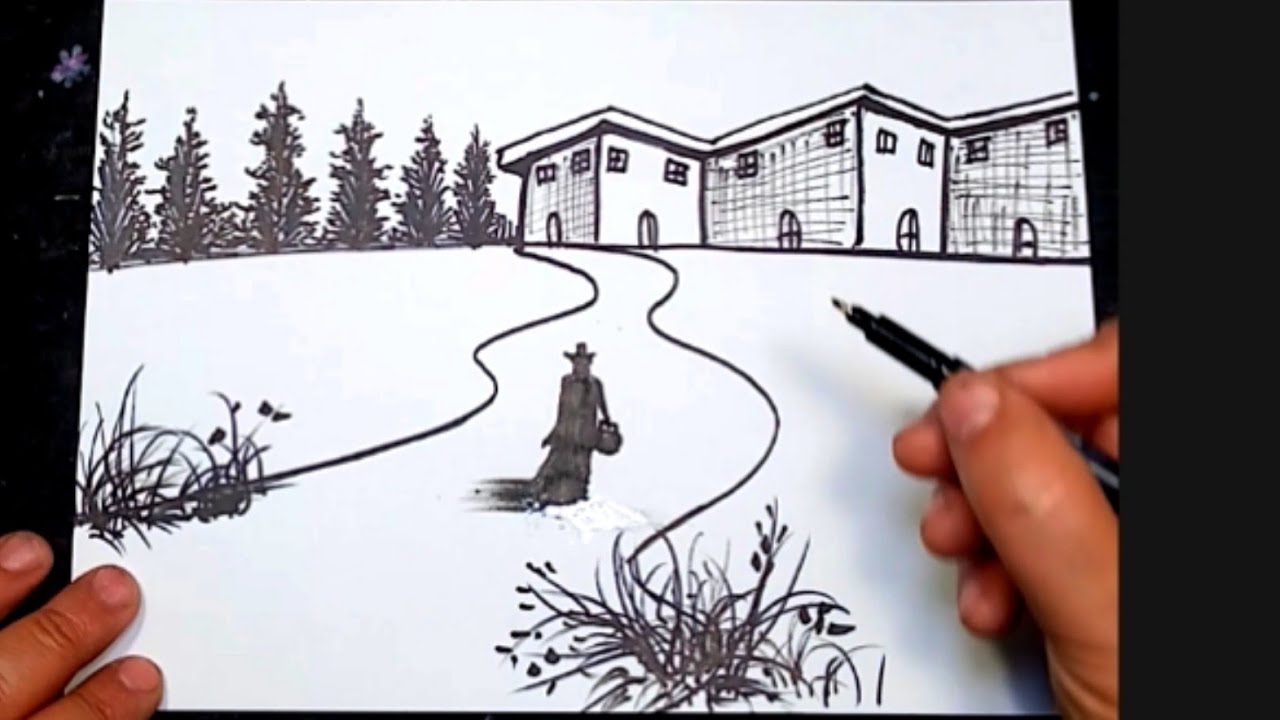 مشاركة رسمة للمبتدئين كيف تكون البيوت بعيدة والأشجار  تعلم الرسم السهل