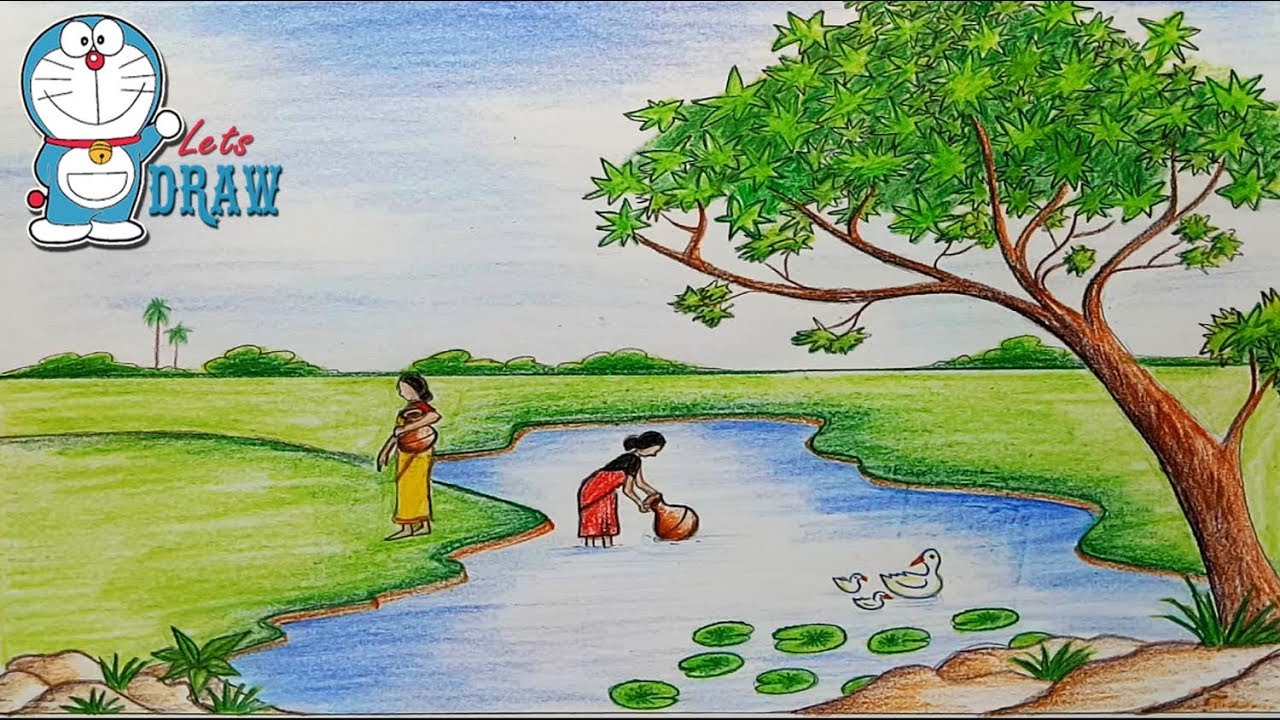 How to draw  scenery of pond ghat Step by step (very easy)