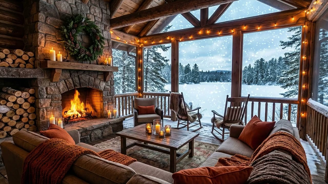Windy Snowy Night by the Lake ❄️🔥 Cozy Cabin Fireplace on the Veranda (No Music)