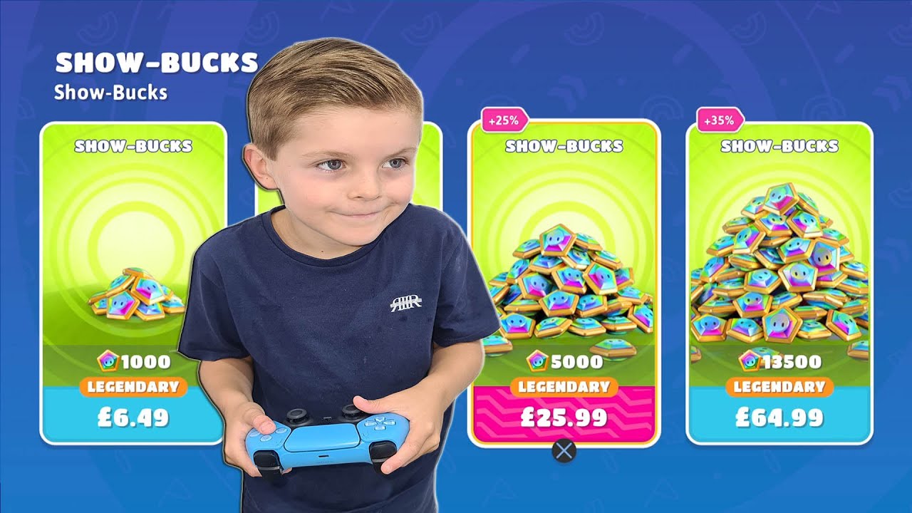 Giving My 8 Year Old Kid 5000 Show-Bucks So He Can Buy ALL NEW Fall Guys Sonic The Hedgehog Skins