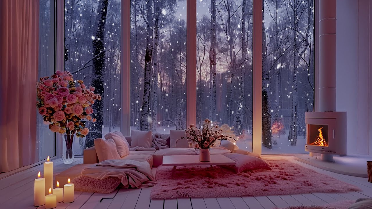 Winter Snow Wind Ambience & Piano Music | Cozy Indoor Fireplace Sounds for Deep Relaxation