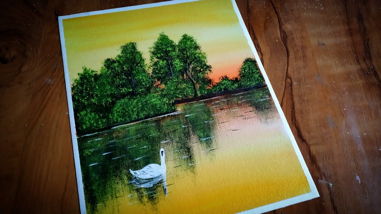 Calm Lake Sunset Landscape Painting/Easy Acrylic Painting for Beginners/Sunset Swan Acrylic Painting
