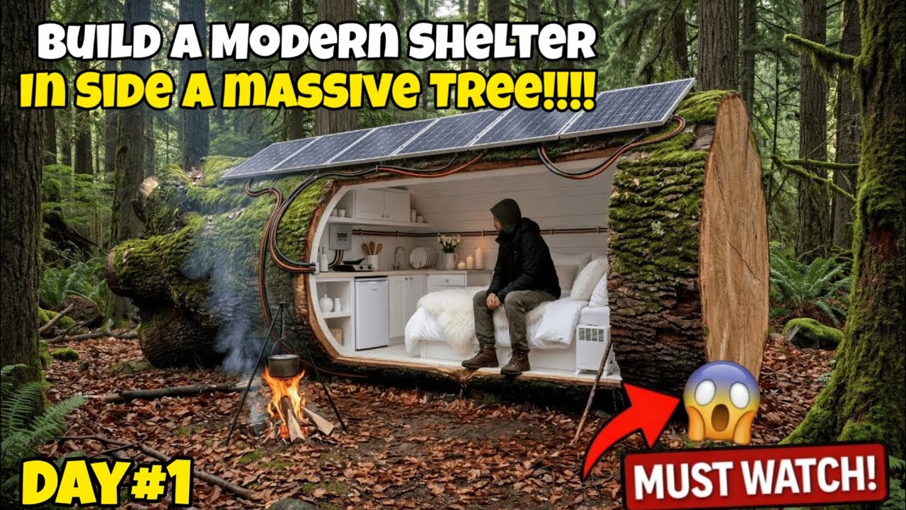 Build A Modern Shelter Inside A Massive Tree | Silent Forest Survival