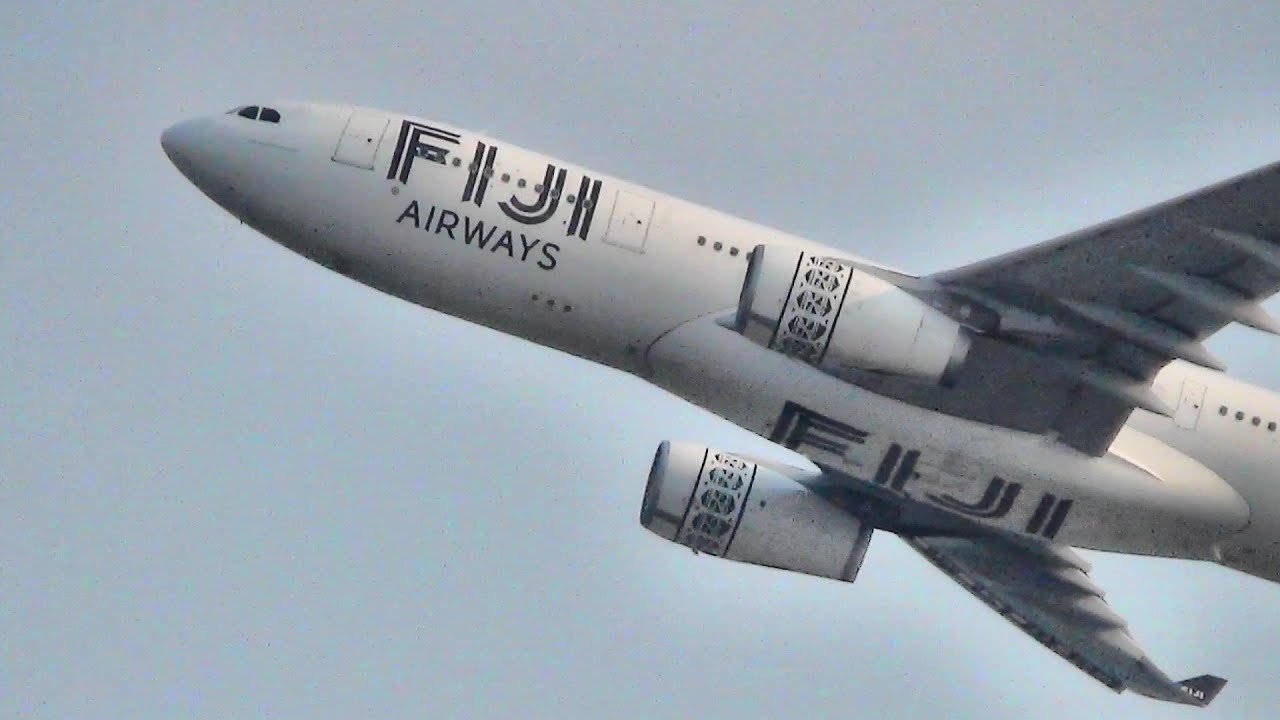 Airbus A330 Fiji Airways. Takeoff from Hong Kong International Airport. Flight FJ392 to Nadi