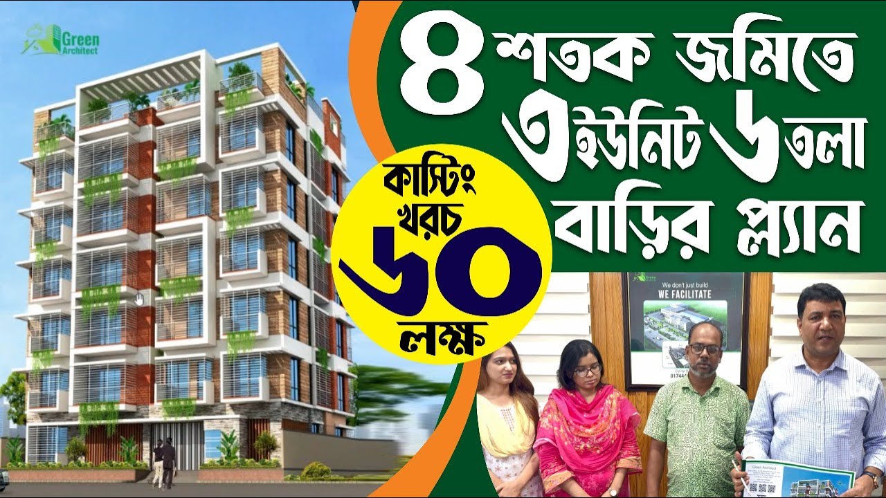 ৪ শতক জমিতে ৩ ইউনিট ৬ তলা বাড়ির প্লান কাস্টিং খরচ ৬০ লক্ষ | 3 unit 6 storied Building plan