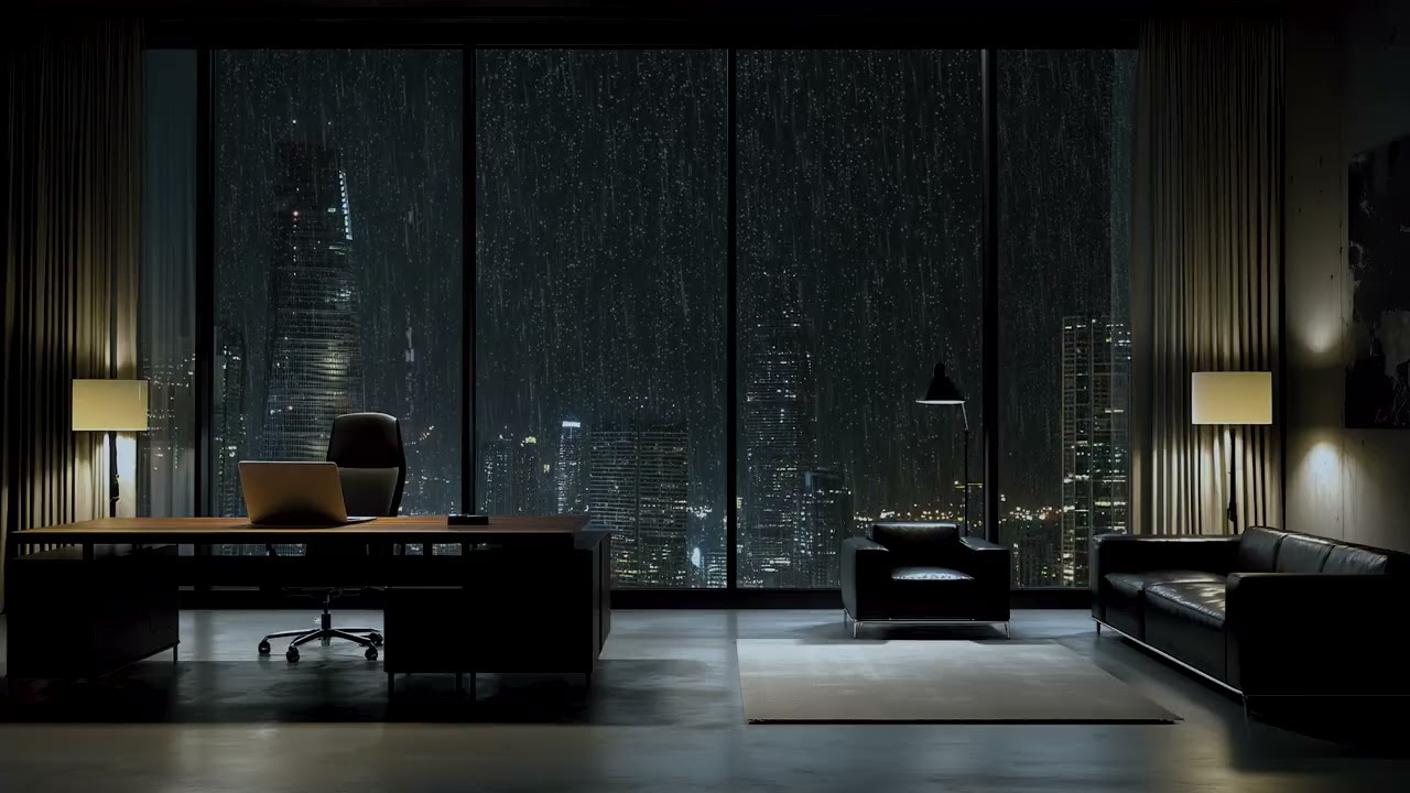 Rainy Night Skyline View 🌧️ Peaceful Office Window Rain Sounds for Study and Relaxation