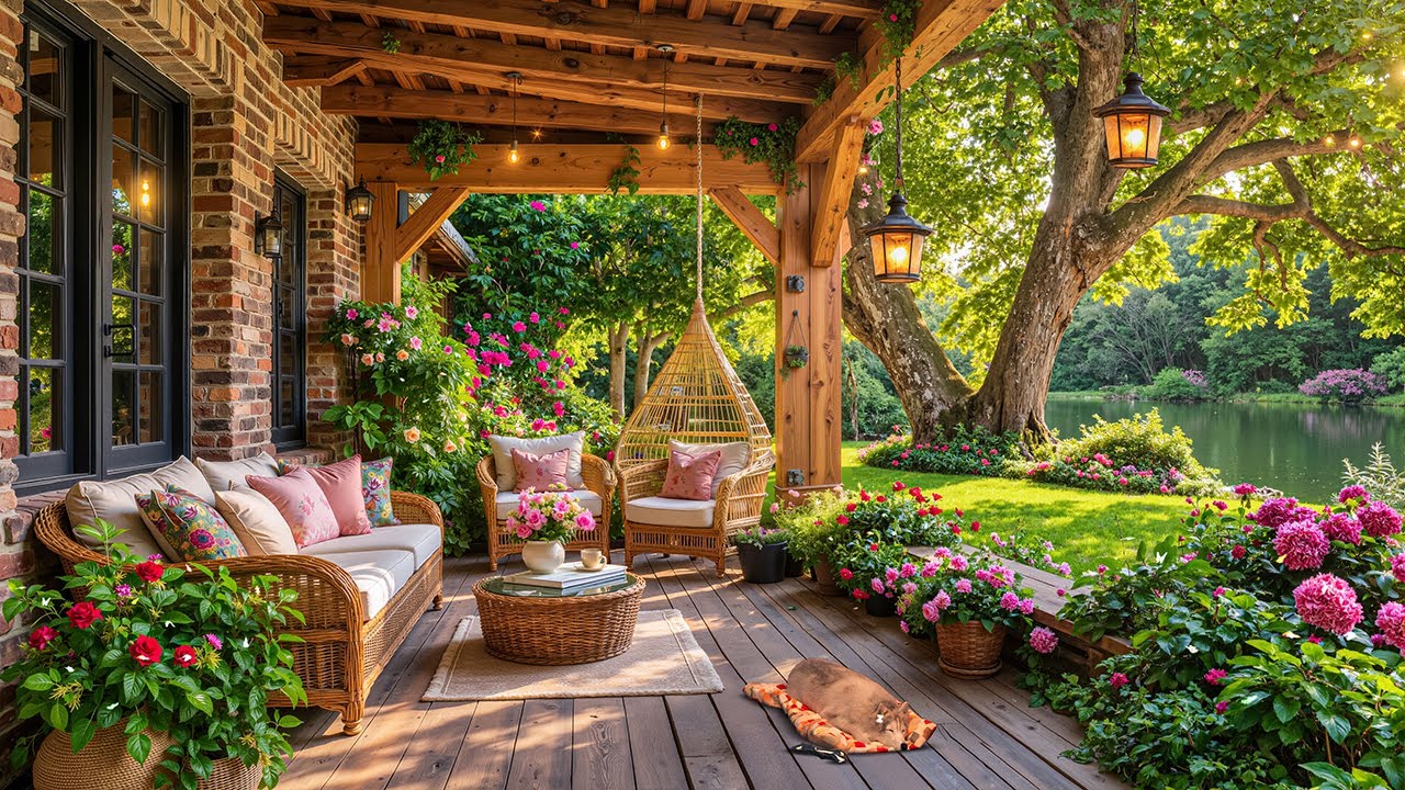 Positive Morning Jazz In Lakeside ☕🌺 Smooth Jazz Music at Sweet Spring Porch Ambience for Relaxing