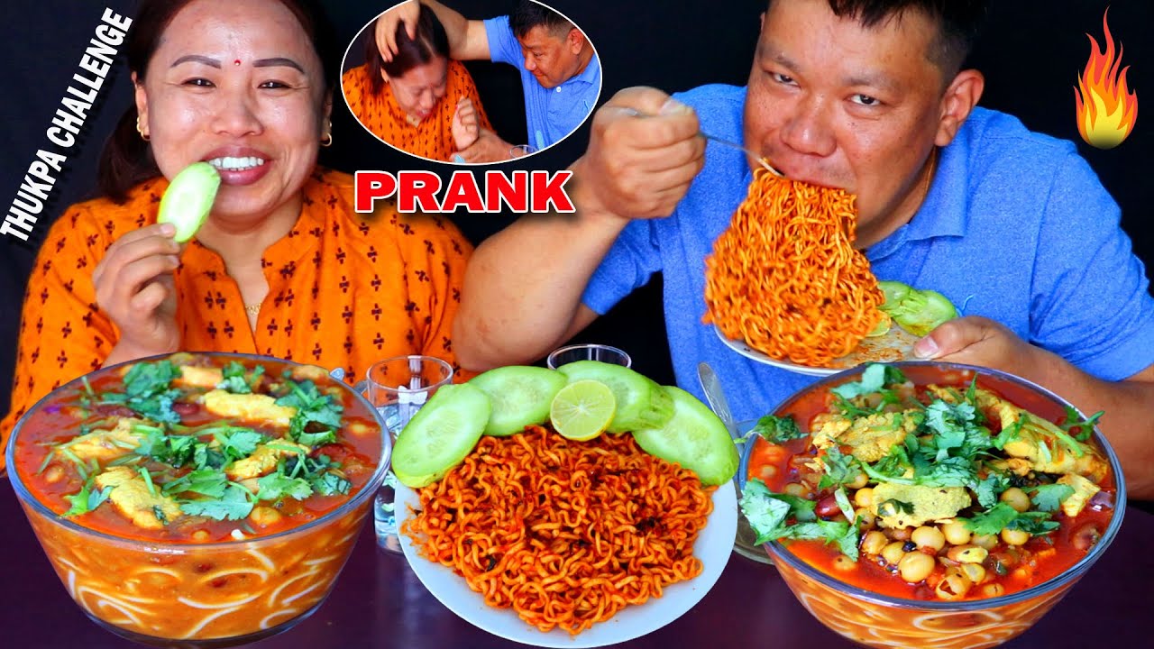 SPICY NEPALI CHICKEN THUKPA CHALLENGE AND PRANK 🍜🥵 WITH BUDA🔥SPICY KOREAN BULDAK NOODLES@tham_thapa