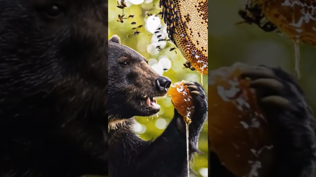 🐻🐝🍯Sun bear is eating bee honey.  