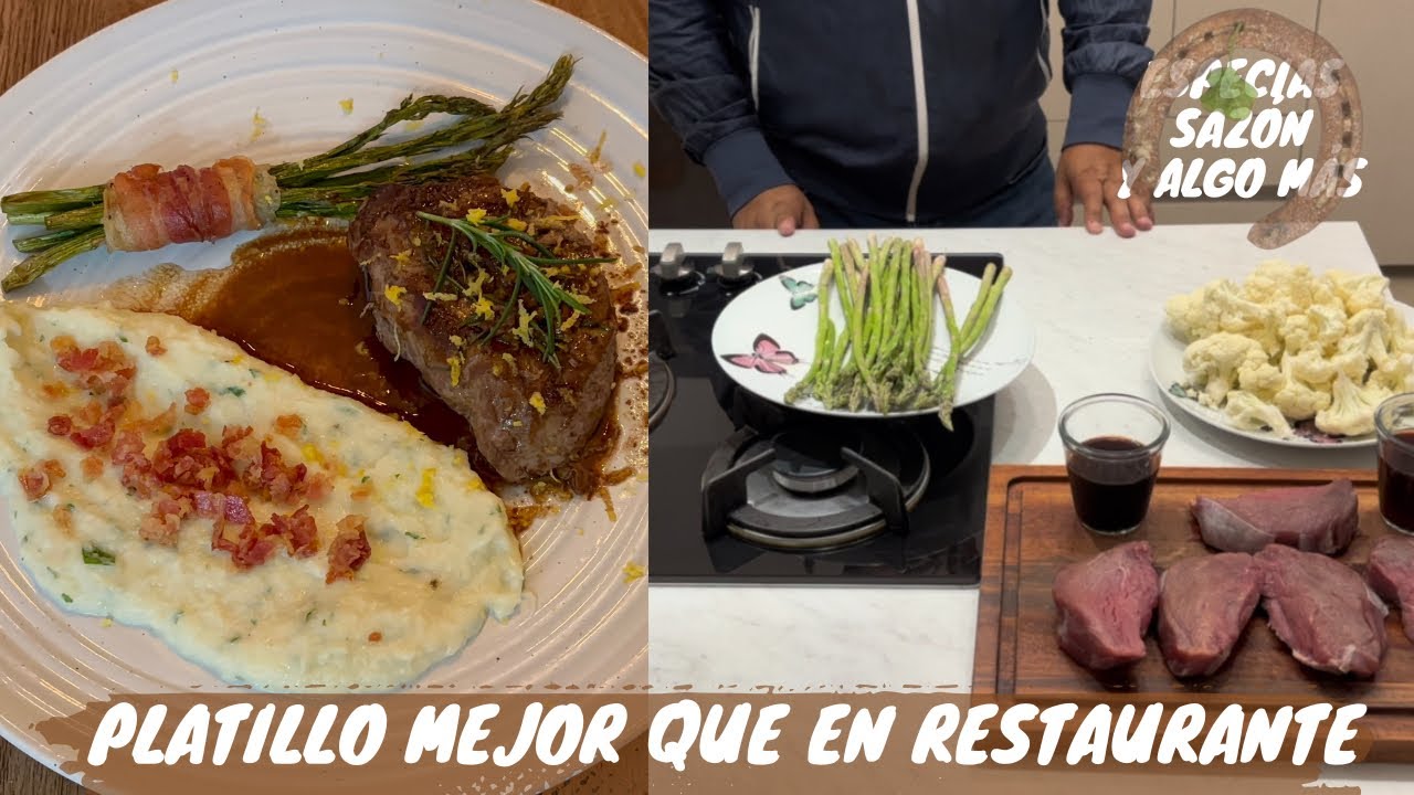 Filete en salsa vino tinto, con espárragos y puré de coliflor 
