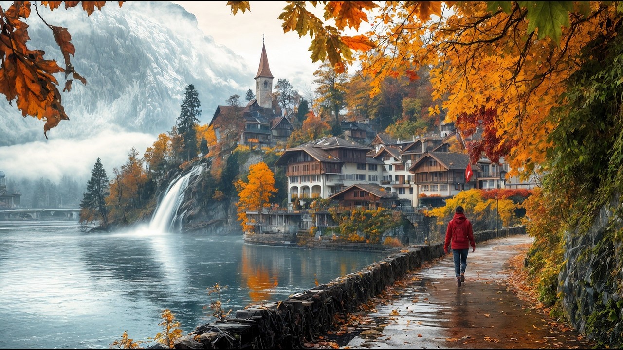 Осень пришла в Швейцарию 🇨🇭 Цюрих – самый большой в Европе водопад в осенних красках | 4К