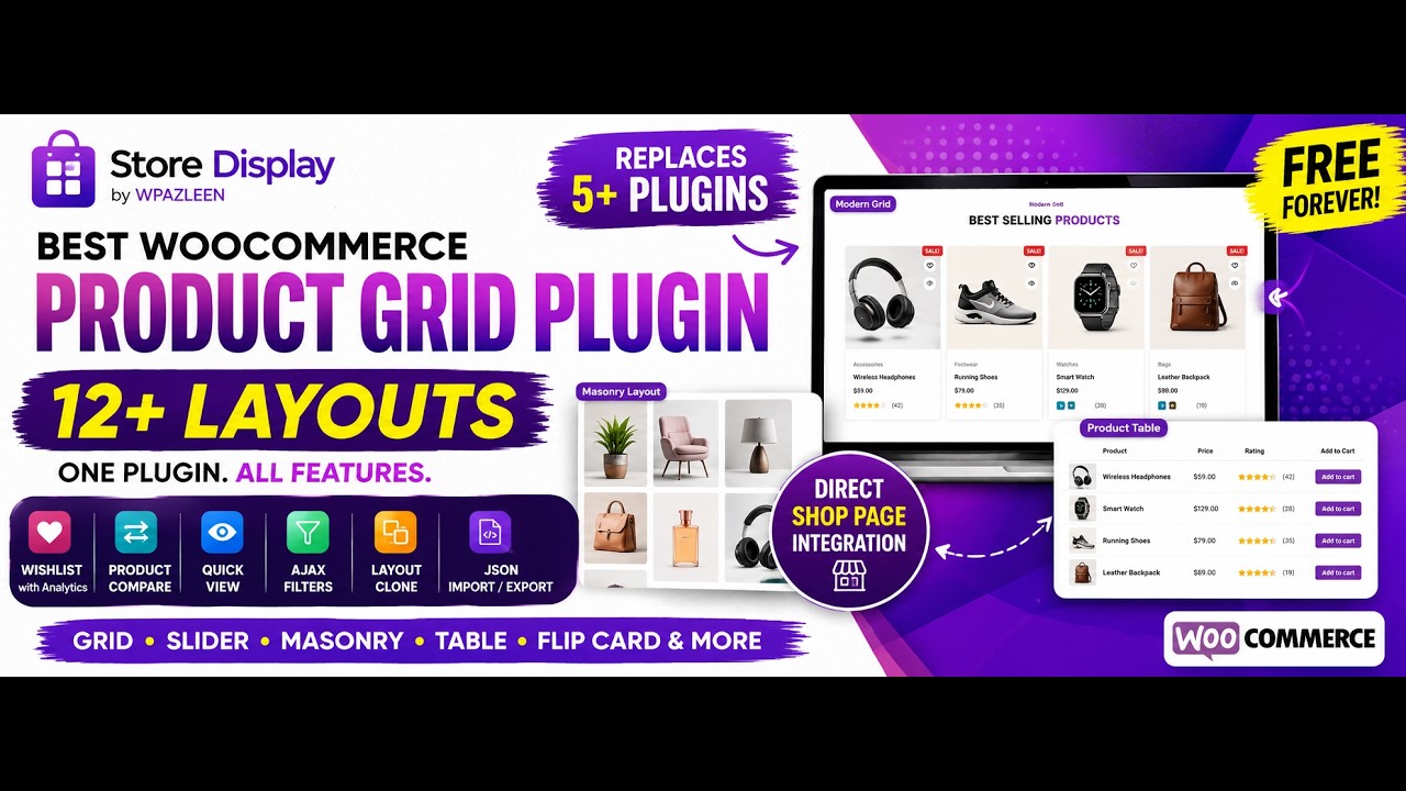 Best FREE WooCommerce Product Grid Plugin (2026) | 12+ Layouts, Wishlist, Compare & Quick View