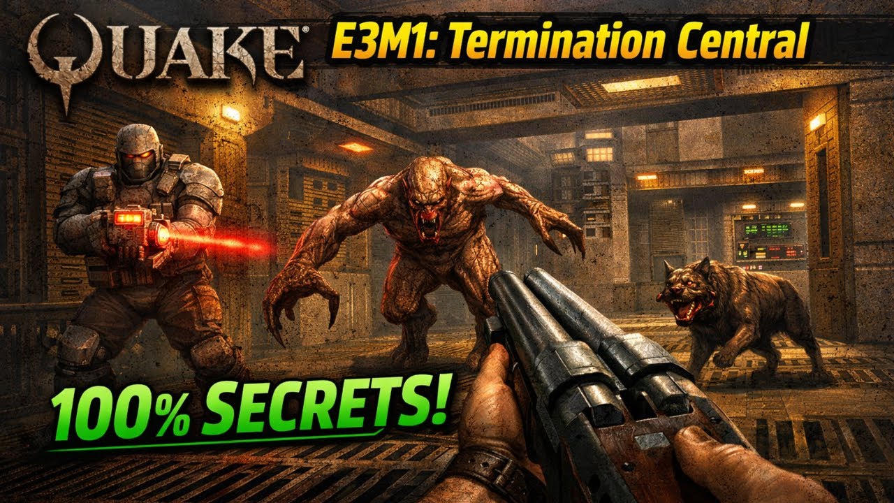 Quake - E3M1: Termination Central  - Hard - 100% secrets