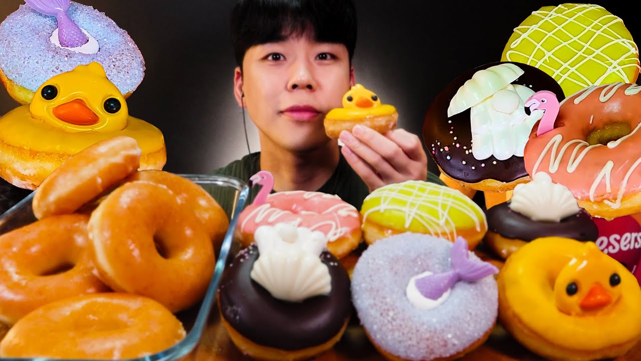 🍩크리스피크림🍩썸머캐리비안 도넛과 오리지널글레이즈드 우유 말먹 도넛 먹방 DOUNT ASMR MUKBANG REAL SOUND ドーナツ