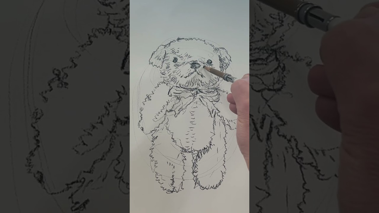 곰돌이 인형 드로잉. 목탄, 물로 채색. 구의동취미미술 물고기미술.