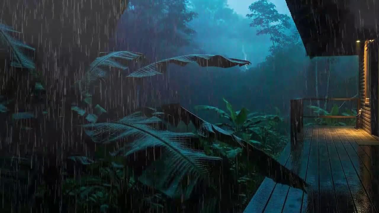 Sleep Now with Light Rain Sounds and Rolling Thunder at Wooden Cabin Terrace 🌧️