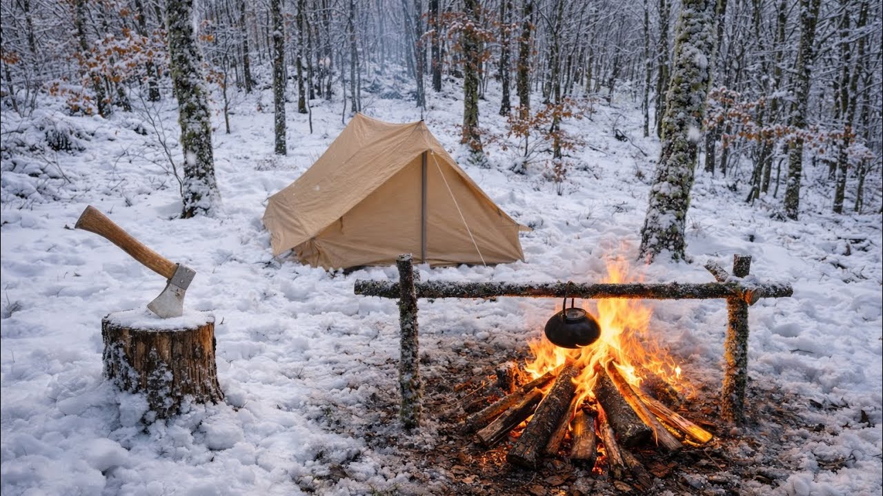Solo Survival Camping at -1°C Snow Bushcraft
