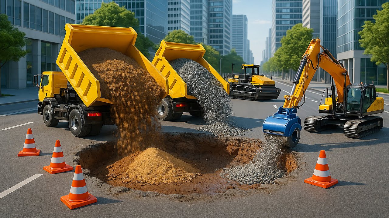 Construction Works: Excavator Repairs Damaged Road with Dump Truck!