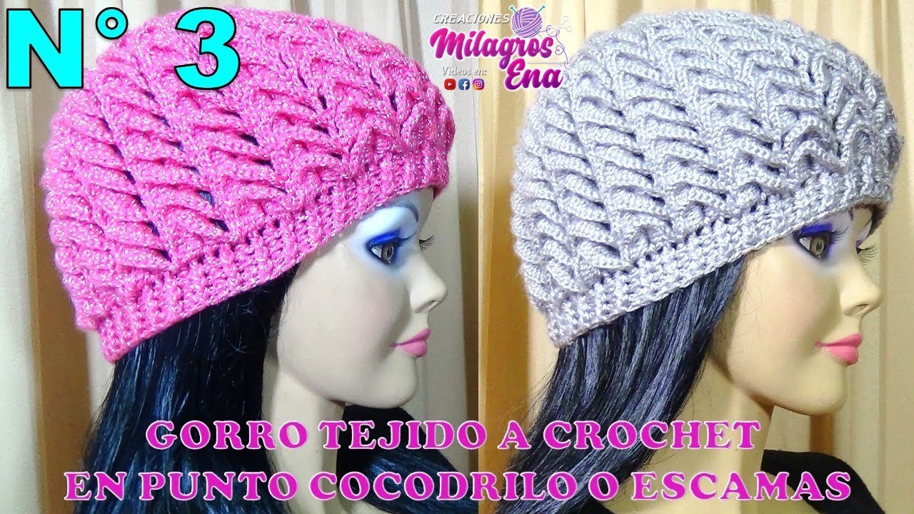 Como tejer el gorro N° 3 a crochet en Punto Cocodrilo o Escamas para niñas y damas paso a paso
