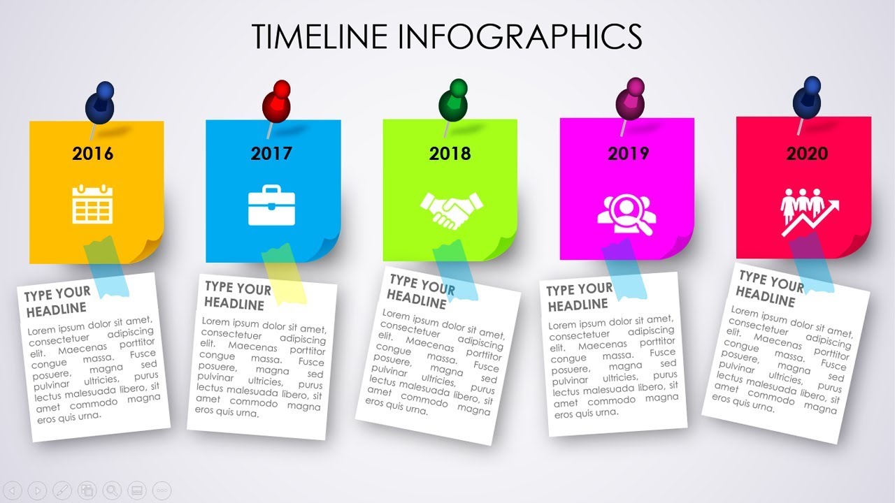 Timeline infographic slide in PowerPoint with Sticky notes and Push pin