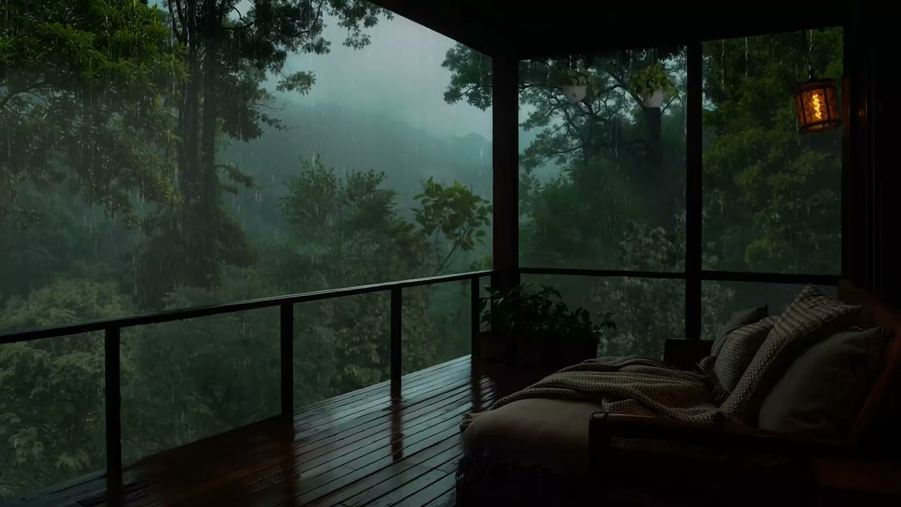 Forest Balcony Rain Retreat | Cozy Sofa outside the Cabin & Thunder Sounds for Deep Sleep ⛈️