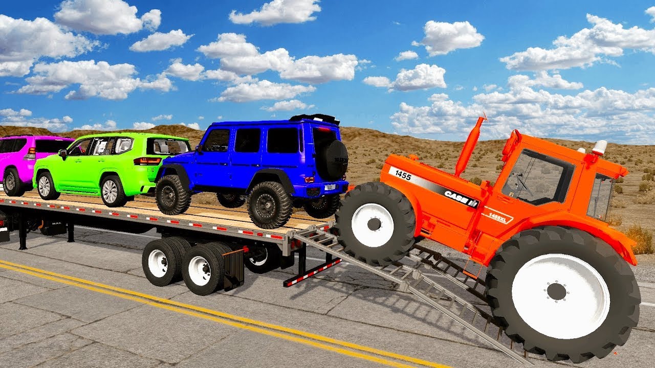 Flatbed Truck Mcqueen 4+min | Transportation with Truck -  Speedbumps vs Car #141 - BeamNG.Drive