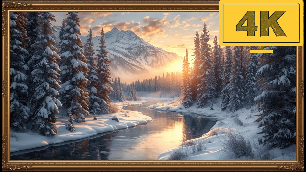 4K TV WALLPAPER Golden Sunrise Over Snowy River and Mountain Forest | Winter Nature Fine Art