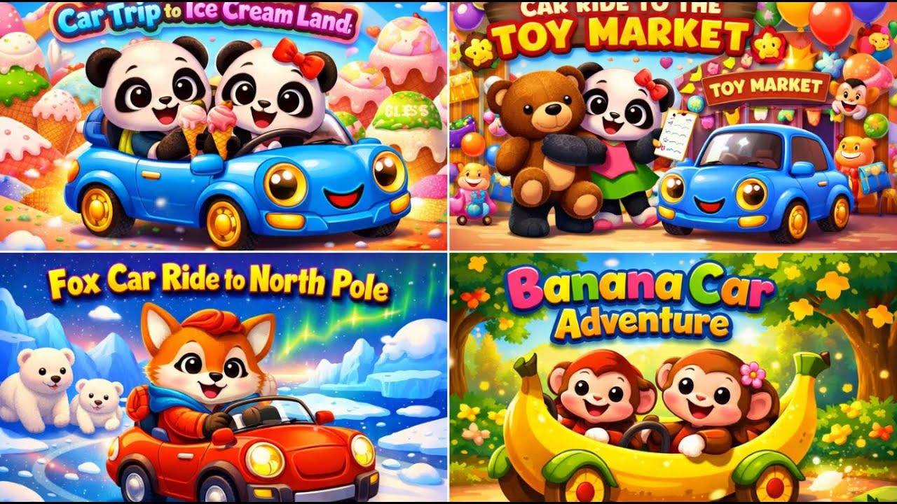 Animal Car Ride Adventures 🚗🐼🦊🐒 | Ice Cream Land, Toy Market & Banana Car | Kids Nursery Rhymes