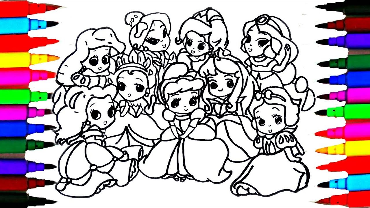 How to Draw The 9 Disney Princess Baby Coloring Drawing Pages Videos for Kids l Art l Colored PENS