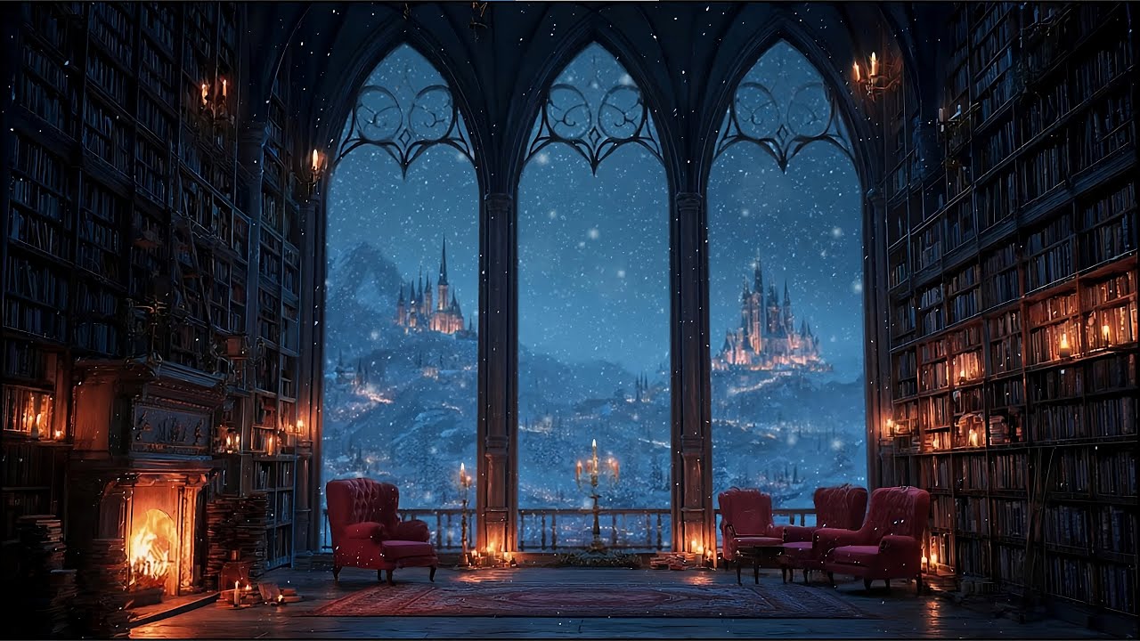 Heavy Blizzard at the Magical Library ❄️ Raging Snow & Fireplace | Cozy Shelter Ambience