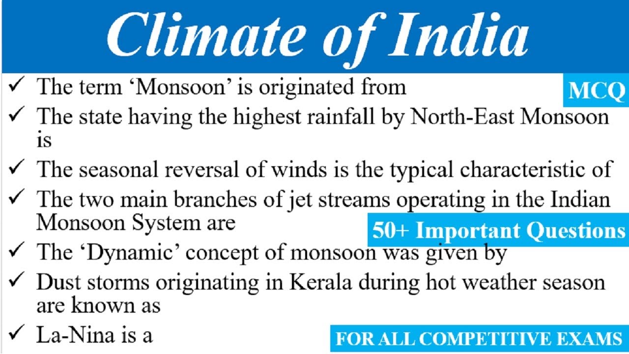 Climate of India || Indian Geography || MCQs || 50+ Important Questions for all Competitive Exams ||