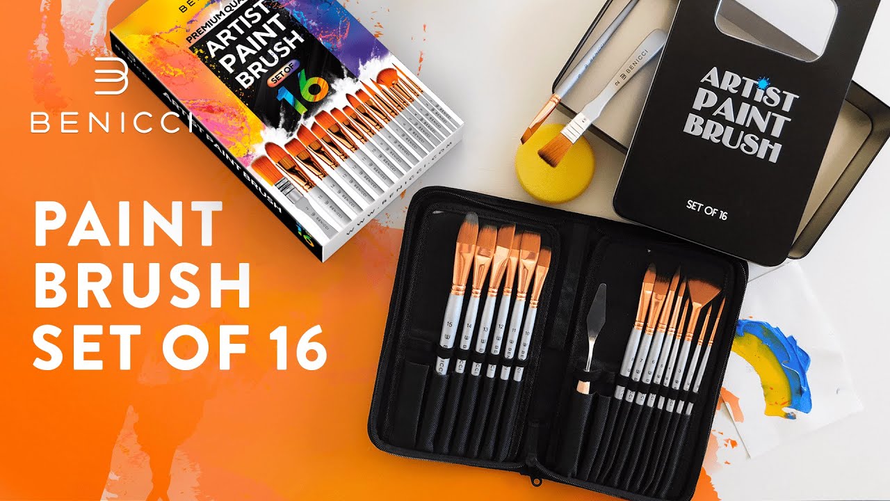 Benicci Premium Artist Paint Brush Set of 16 - w/Bonus Palette Knife, Sponge & Organizing Case #art