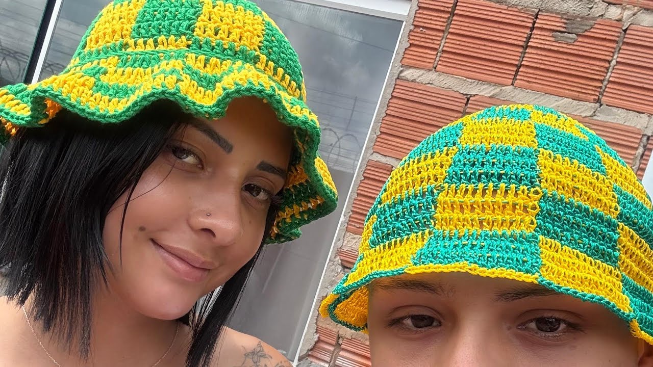 Bucket Hat Xadrez Verde e Amarelo em Crochê | Aula Fácil para Iniciantes