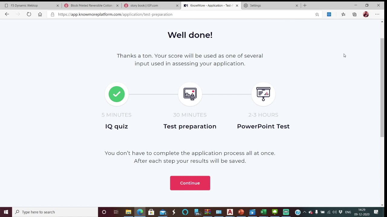 Problem Solved:-Not able to continue after completing Quiz on KNOWMORE