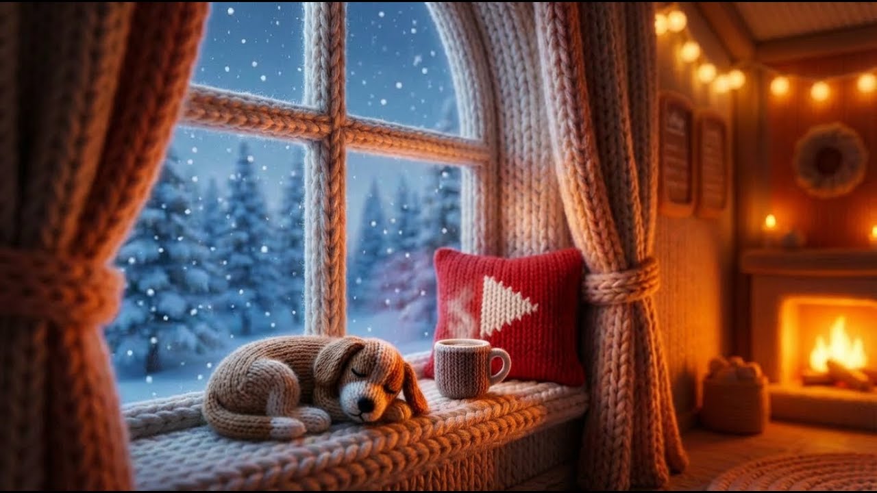 Cozy Knitted Cabin Ambience • Winter Window & Fireplace Sounds (Knitted World)