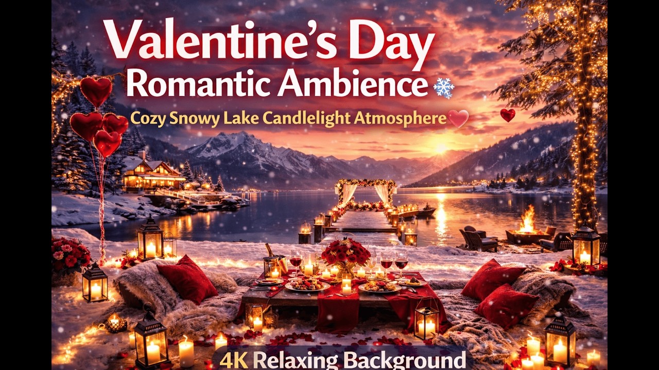 Valentine&rsquo;s Day Romantic Ambience ❄️ Cozy Snowy Lake Candlelight Atmosphere 💕|4K Relaxing Background