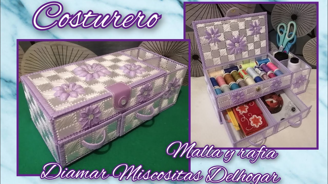 costurero de Malla y rafia / plastic canvas / manualidades / caja, joyero o costurero /