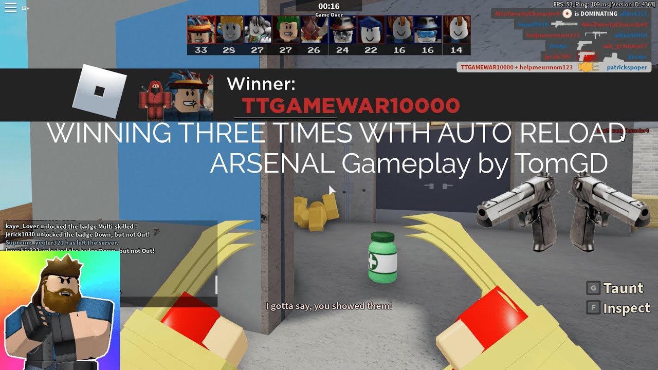 3 Wins with Auto Reload [RBLX] ARSENAL Gameplay by TomGD