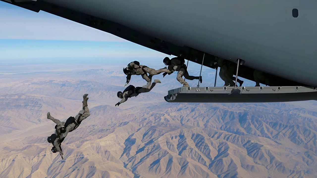 US, Qatar, Saudi Arabia & Allied Paratroopers Conduct Free Fall From C-130J
