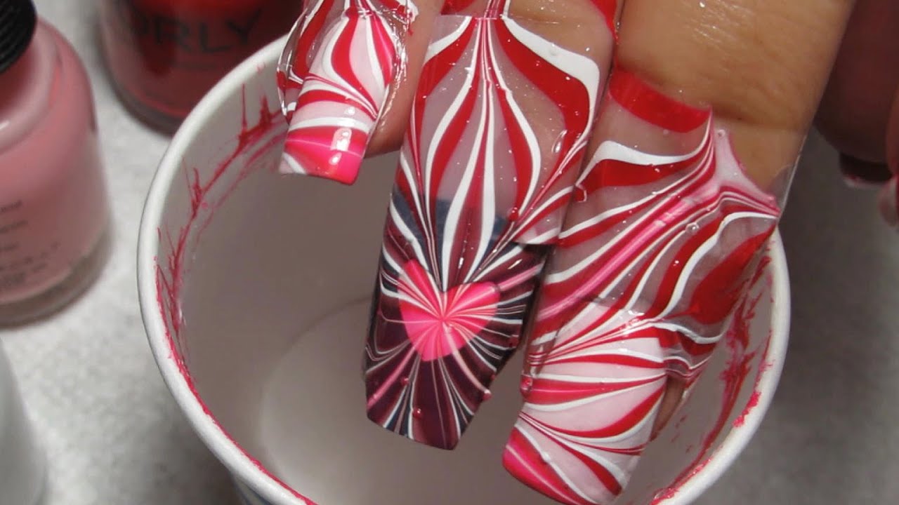 Valentine's Day Water Marble with Heart Accents | DIY Nail Art Tutorial