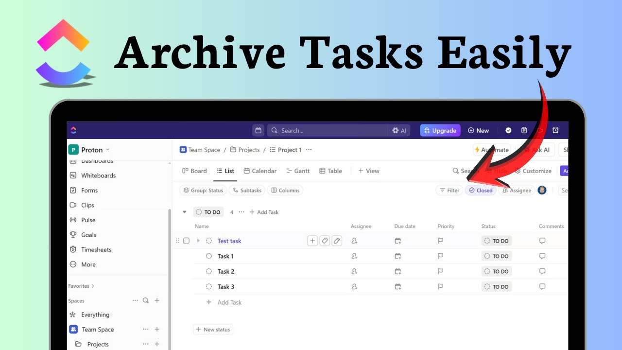 How to archived tasks in ClickUp (Project Control)
