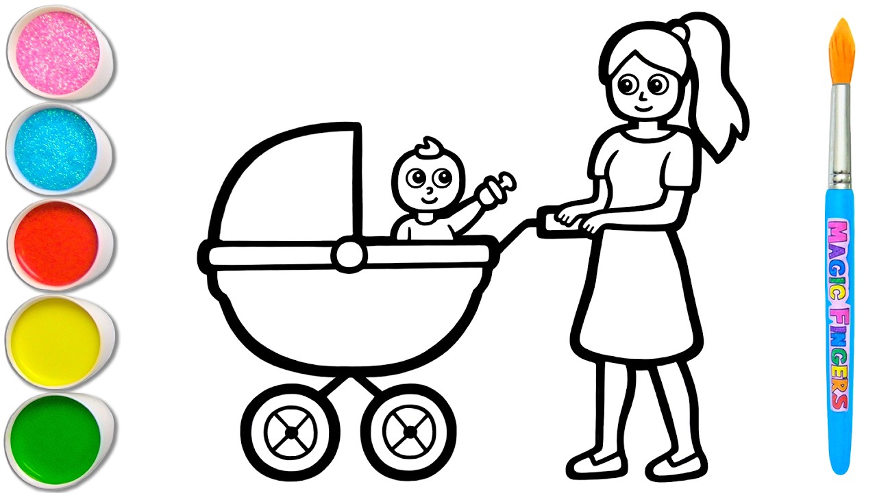 Kereta Dorong Bayi dan Ibu Menggambar, Melukis, Mewarnai untuk Anak | Menggambar Dengan Saya #256