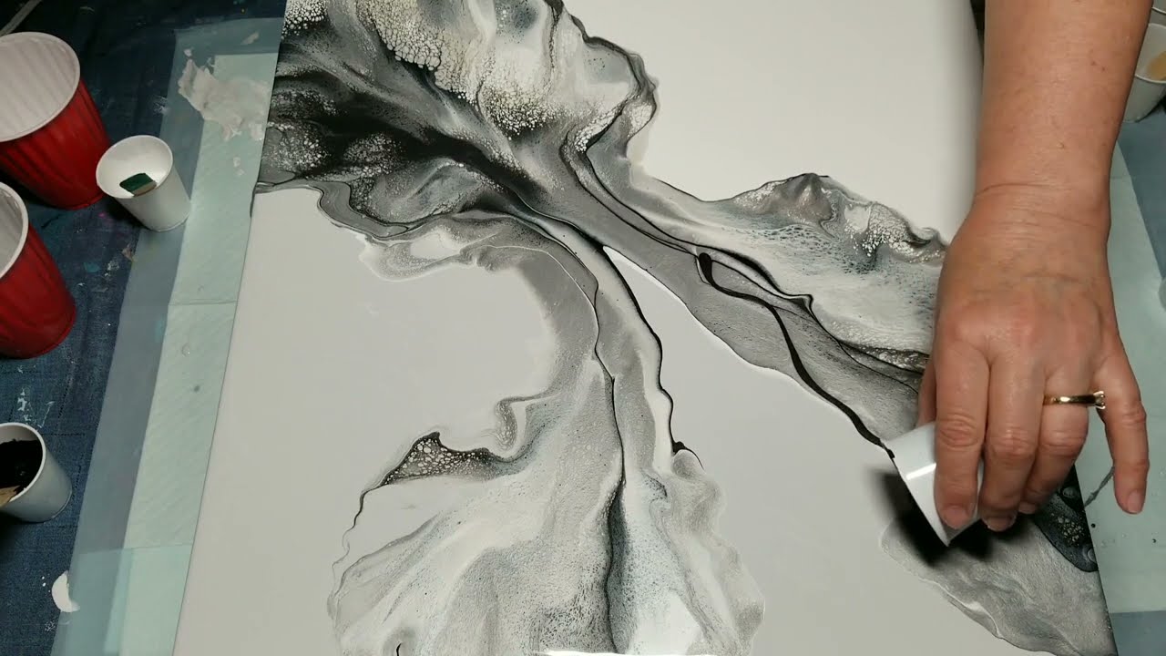 (199) ACRYLIC POURING - Elegant DUTCH Pour in Black, White and Silver! Oo la la!
