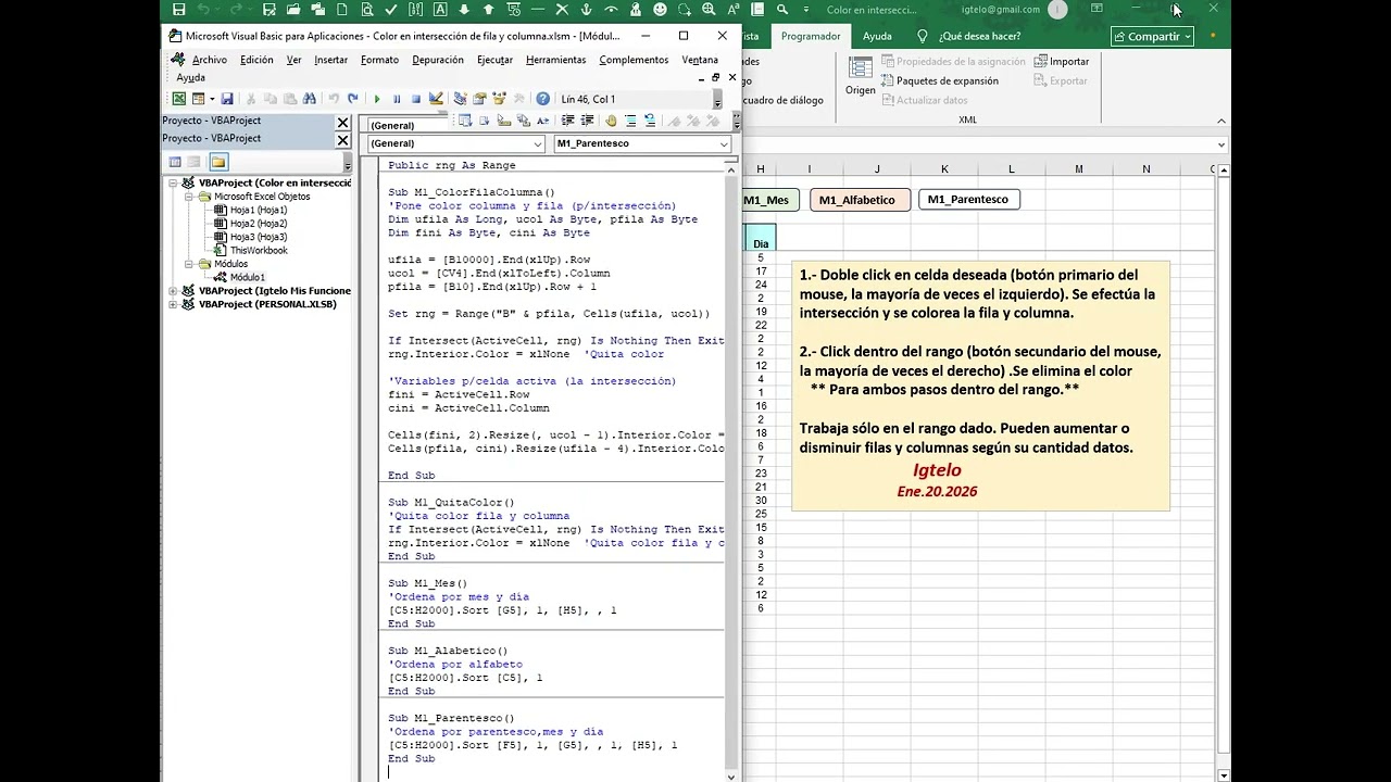 Excel Pone Color en intersección de fila y columna