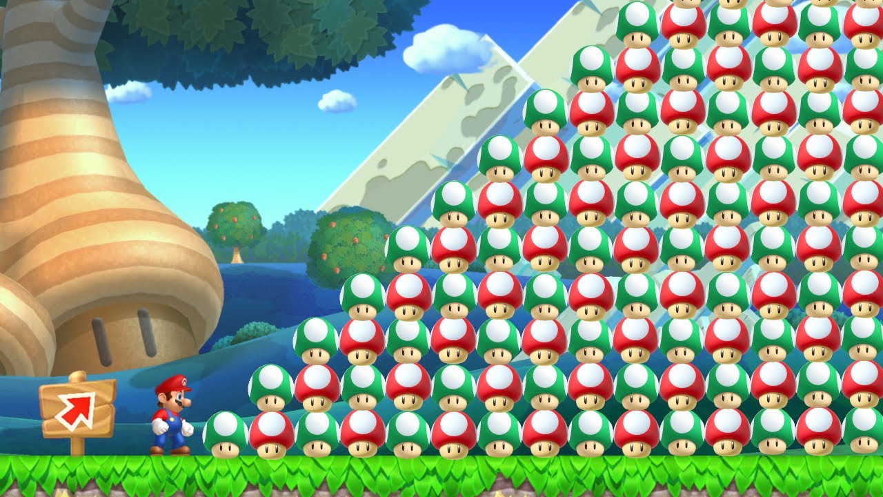 Can Mario Collect 999 Super Mushrooms and 1 Up Mushrooms in New Super Mario Bros. Deluxe ?