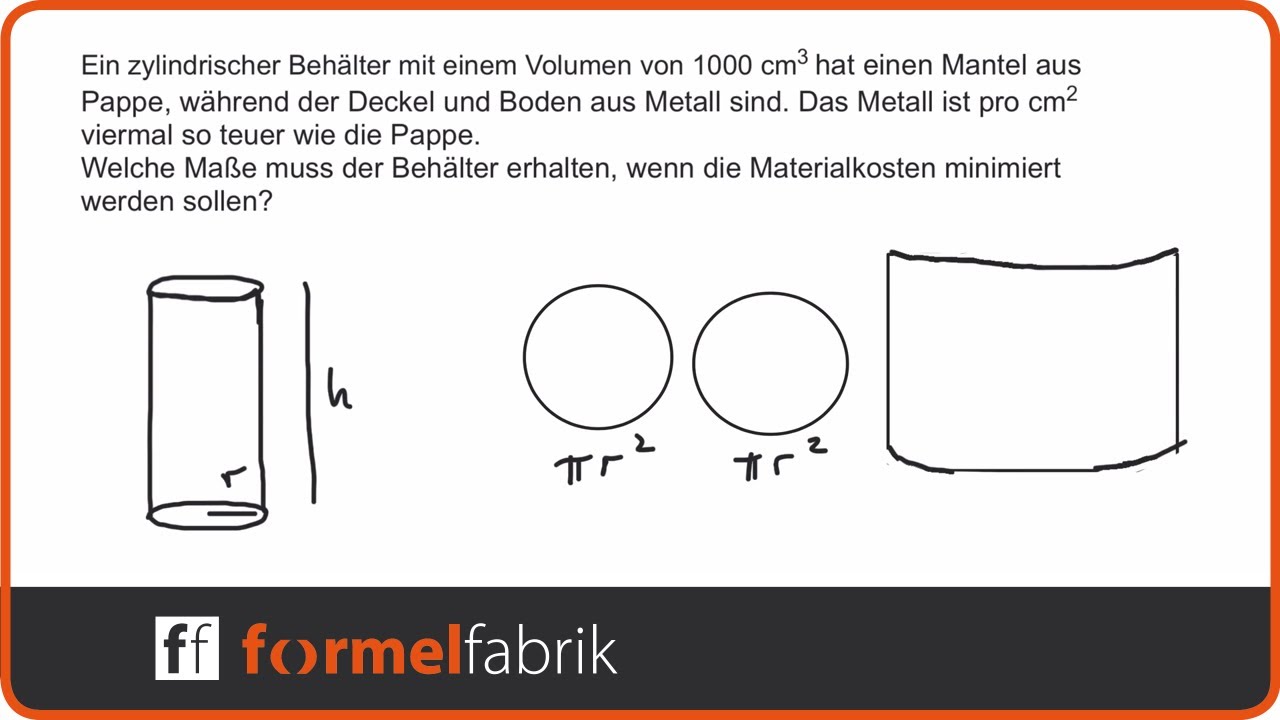 Extremwertaufgabe: Geringste Materialkosten für zylindrische Dose (schwierig)